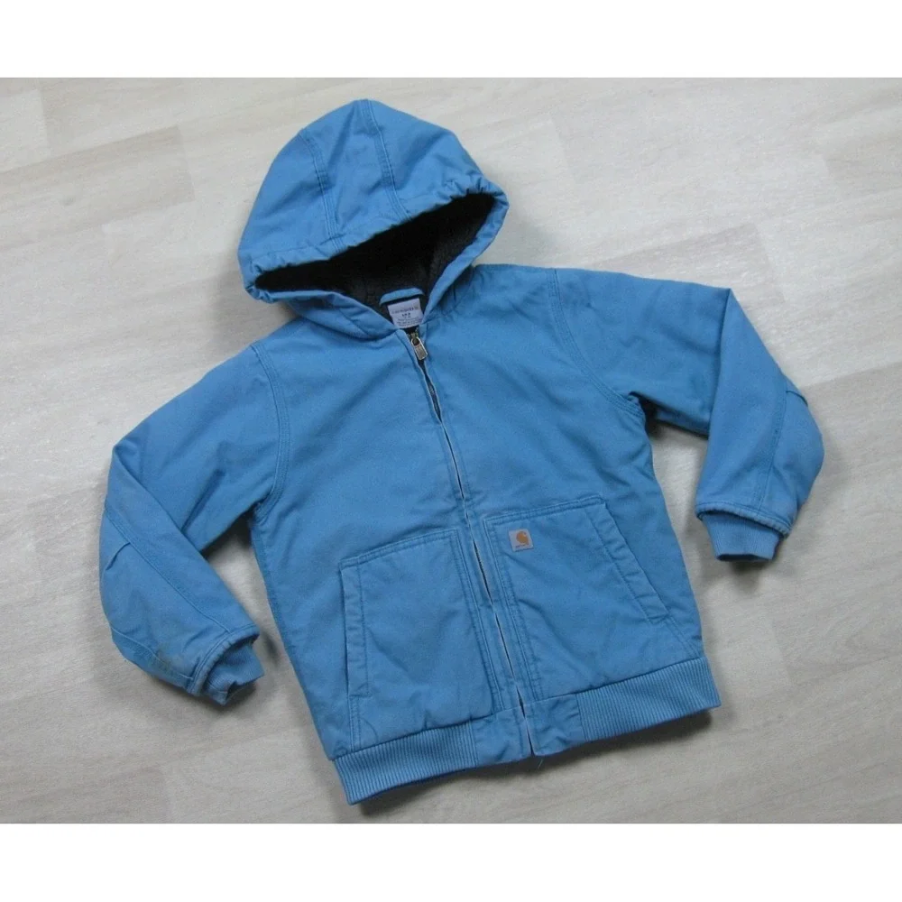Carhartt Active Jacket Youth‎ (S) Duck Canvas Workwear Sherpa Lined Blue CP9564